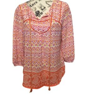 Red Camel Orange Pink Ikat Boho Peasant Top Tassel Tie Crochet Trim Women's M